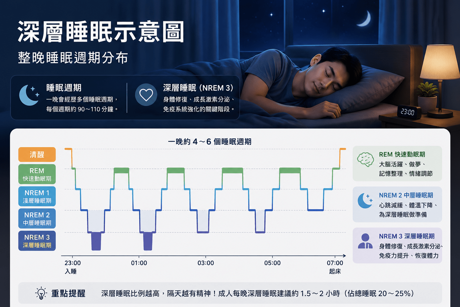 深層睡眠示意圖,整晚睡眠週期分布
