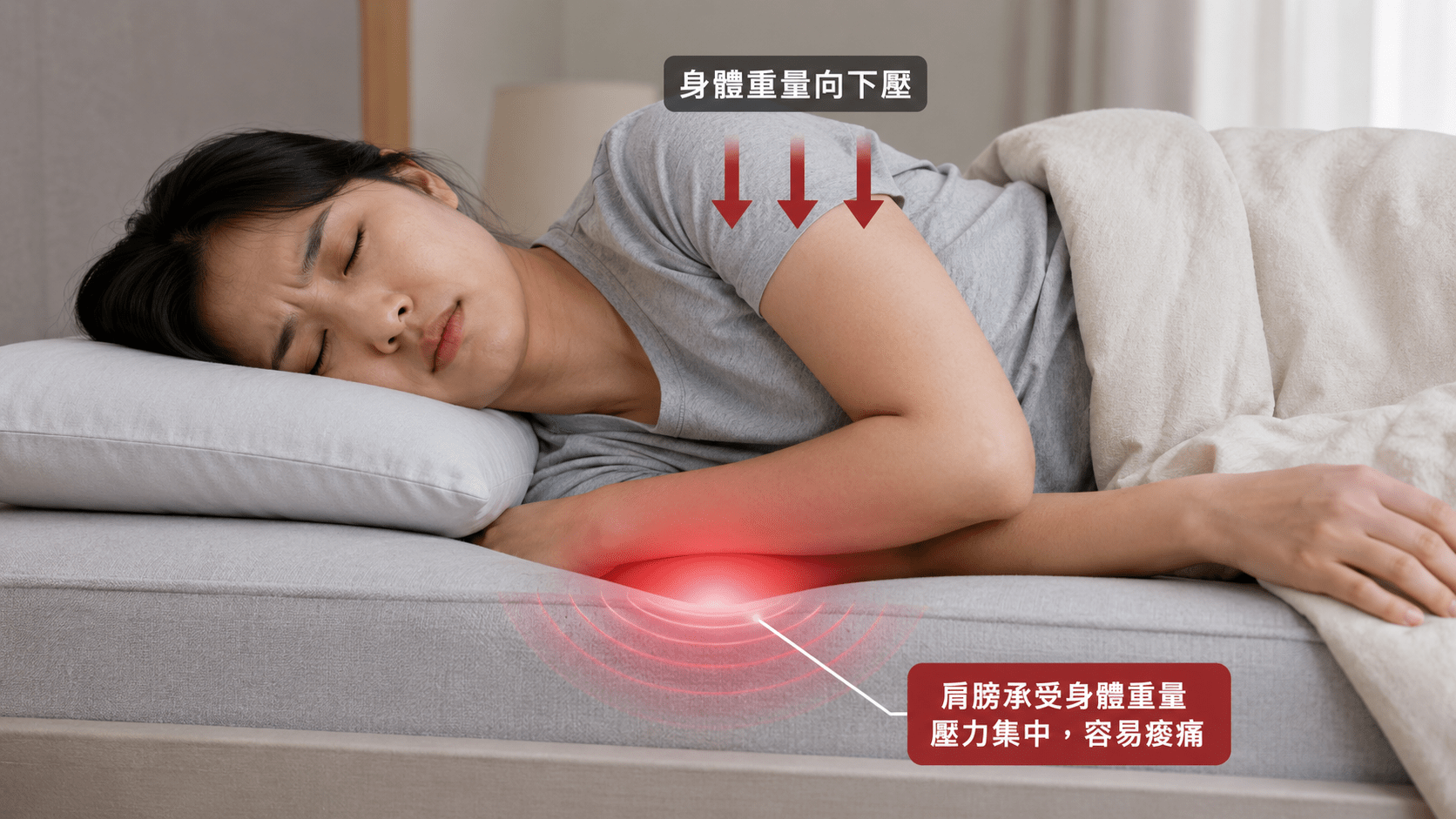 側睡肩膀痛示意圖,肩膀承受身體重量壓力集中